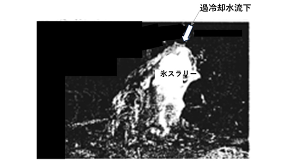 (a)流下する過冷却水の氷スラリー状態 